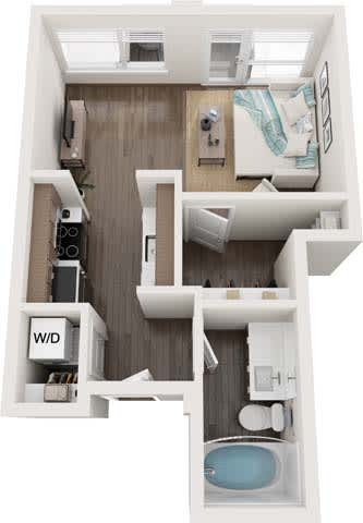 A floor plan of a small apartment with a bedroom, living room, and bathroom.