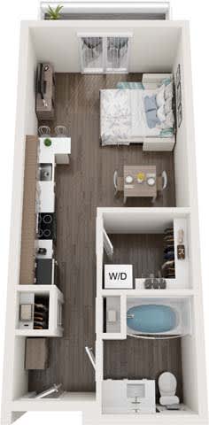 A top-down view of a small, neatly organized apartment with a bed, a desk, and a kitchenette.