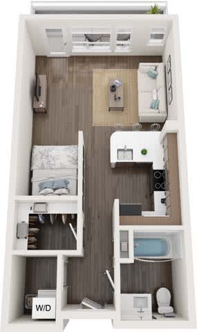 A top down view of a small apartment with a bed, desk, and shelves.