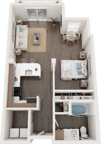 A top-down view of a small apartment with a kitchen, living room, and bathroom.