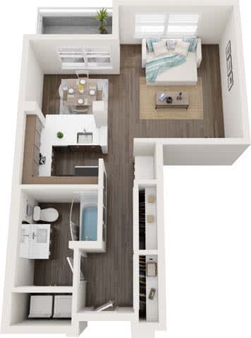 A top-down view of a small apartment with a kitchen, living room, and bathroom.