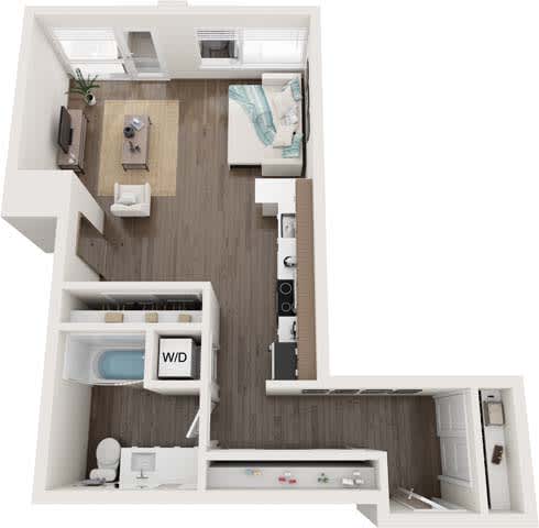 A floor plan of a small apartment with a kitchen, living room, and bathroom.