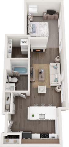 A top-down view of a small apartment with a bed, a desk, and a kitchenette.