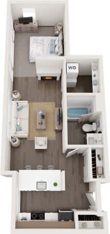 A top-down view of a small apartment with a bed, desk, and kitchenette.