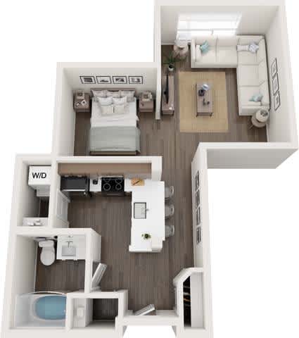 A white and wood floor plan of a small apartment with a bedroom, bathroom, and kitchen.