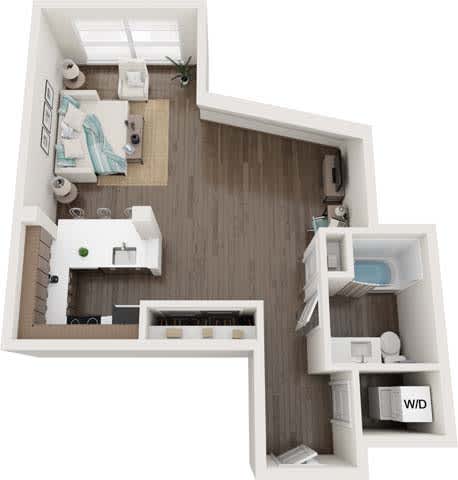 A 3D floor plan of a small apartment with a kitchen, living room, and bathroom.