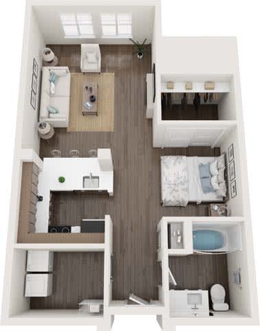 A top-down view of a small apartment with a bedroom, living room, and kitchen.