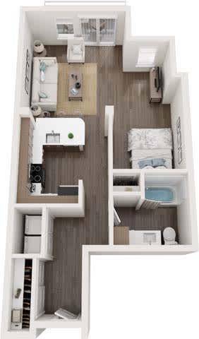 A top-down view of a small, efficient apartment layout.