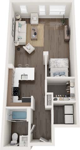 A small apartment with a kitchen, living room, and bathroom.