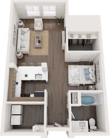 A top-down view of a small apartment with a kitchen, living room, and bedroom.