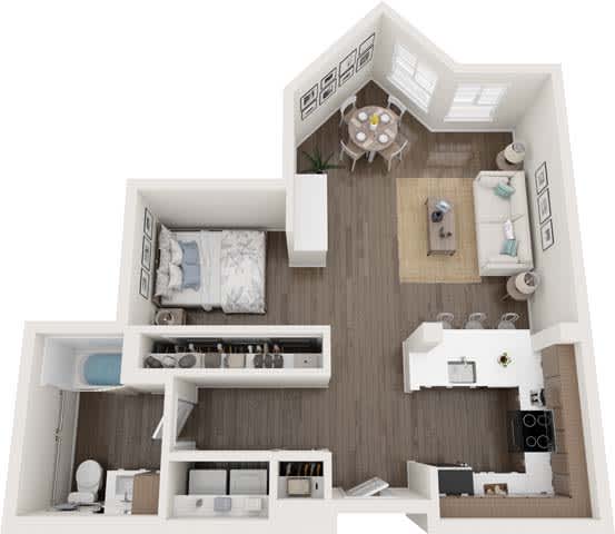 A 3D rendered image of a modern house layout.