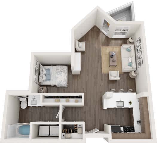 A top-down view of a small, well-organized apartment with a kitchen, living room, and bathroom.