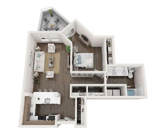 A top down view of a house with a kitchen, living room, and bedrooms.