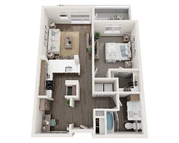 A top-down view of a small apartment with a kitchen, living room, and two bedrooms.