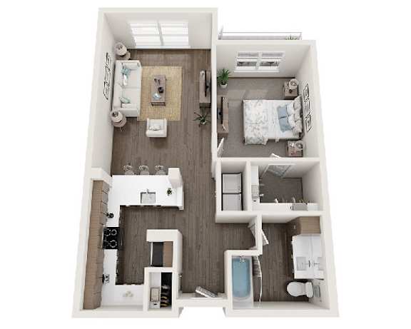 A top down view of a small apartment with two bedrooms, a living room, a kitchen, and a bathroom.