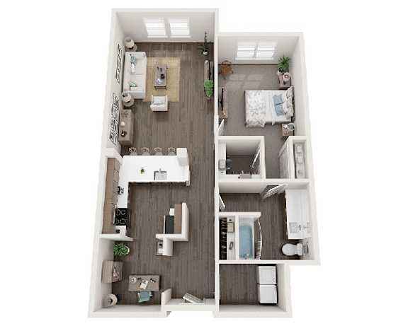 A top-down view of a small apartment with a kitchen, living room, and bedroom.