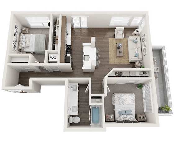 A top-down view of a small apartment with a kitchen, living room, and two bedrooms.