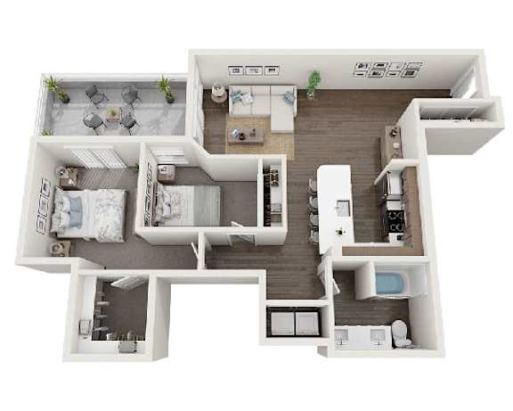 A top-down view of a house layout with a kitchen, living room, dining room, and bedrooms.