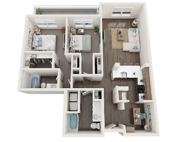 A floor plan of a small apartment with two bedrooms, a living room, a kitchen, and a bathroom.