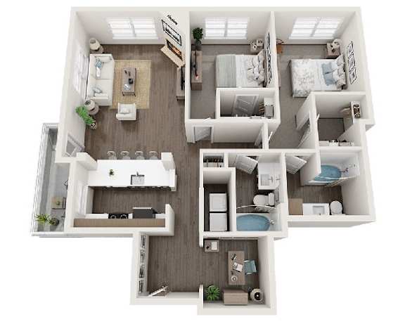 A top-down view of a small apartment layout with a kitchen, living room, and bedrooms.
