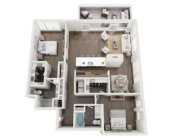 A top-down view of a small apartment with a kitchen, living room, and bathroom.
