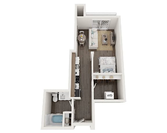 A floor plan of a small apartment with a kitchen, living room, and bathroom.