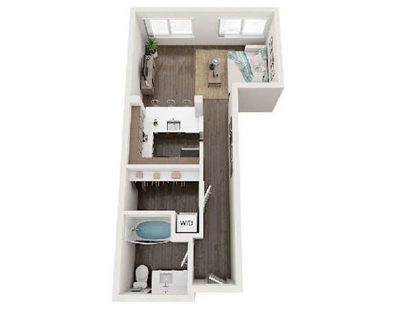 A floor plan of a small apartment with a bedroom, living room, and bathroom.