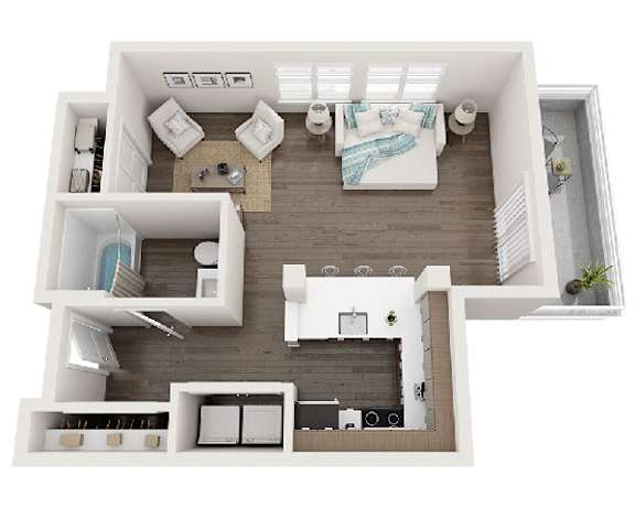 A top-down view of a small apartment with a kitchen, living room, and bathroom.