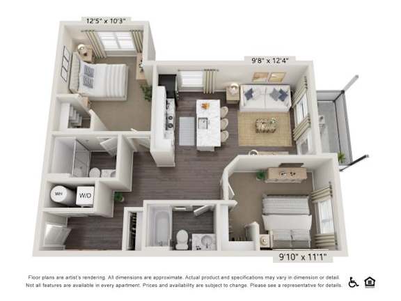 A floor plan of an apartment with a kitchen, living room, and two bedrooms.