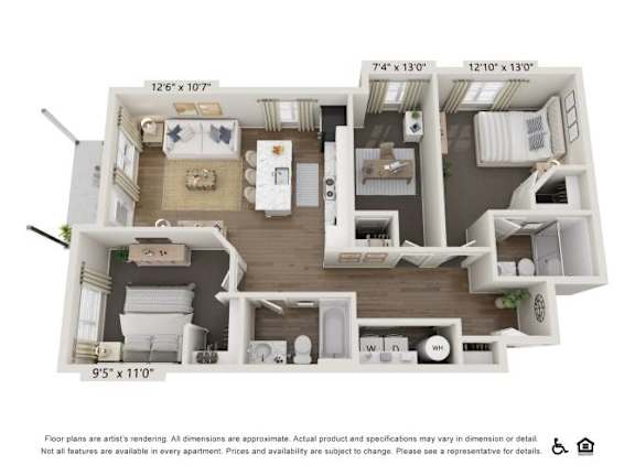 A floor plan of an apartment with a kitchen, living room, and two bedrooms.