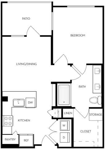 A floor plan of a house with a patio, bedroom, living/dining area, kitchen, pantry, linen closet, and storage.