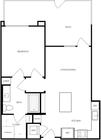 A black and white floor plan of a house with a bedroom, living/dining area, kitchen, bath, and closet.