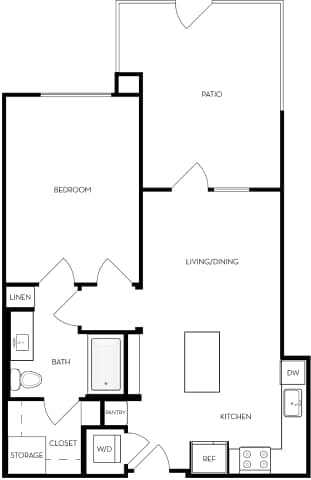 A black and white image of a house plan with a bedroom, living room, kitchen, and bathroom.