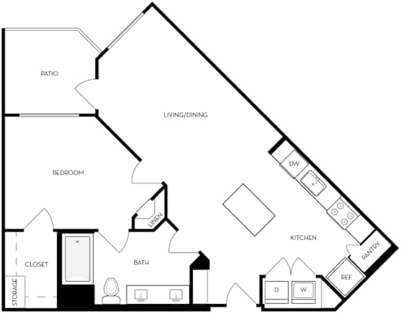 A black and white floor plan of a house with a living room, dining room, kitchen, bathroom, bedroom, and closet.
