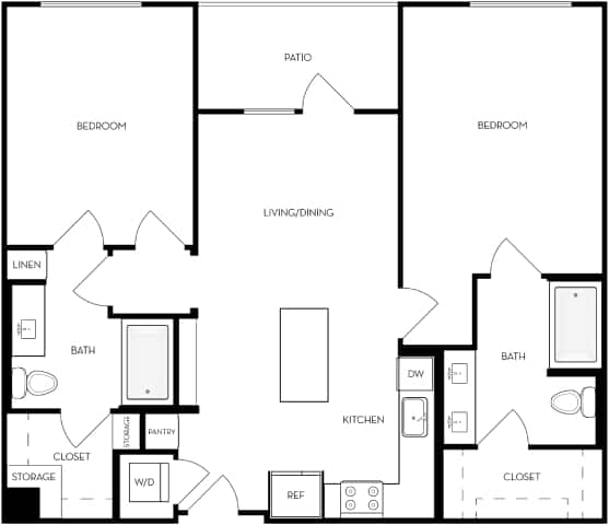 A black and white image of a house floor plan with two bedrooms, a living/dining area, a kitchen, a bath, a pantry, a closet, and storage.