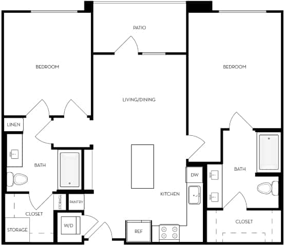 A black and white image of a house floor plan with two bedrooms, a living/dining area, a kitchen, a bath, a closet, and storage.