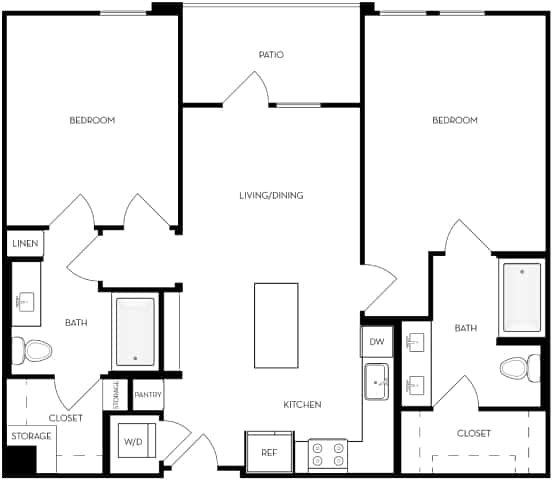 A black and white image of a house floor plan with two bedrooms, a living/dining area, a kitchen, a bath, a pantry, a closet, and storage.