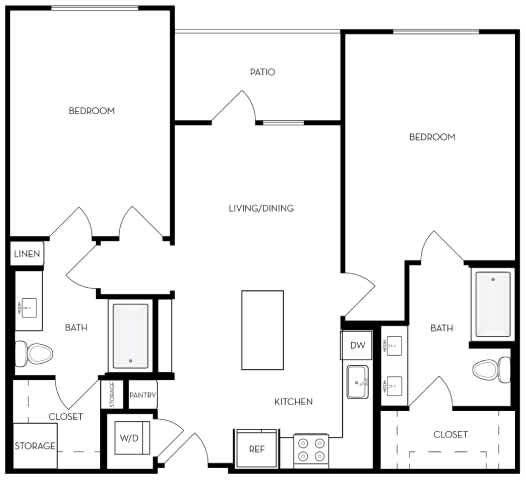 A black and white image of a house floor plan with two bedrooms, a living/dining area, a kitchen, a bath, a pantry, a closet, a storage area, and a W/D.
