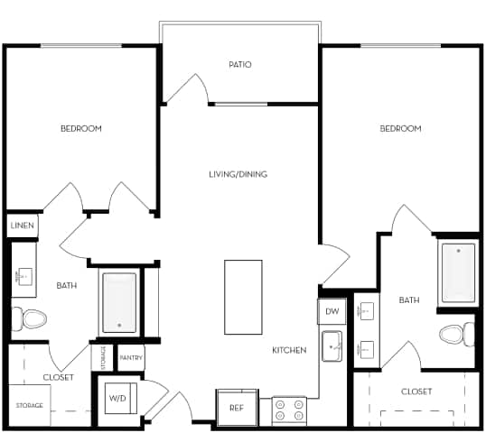 A black and white image of a house floor plan with two bedrooms, a living/dining area, a kitchen, a bath, a pantry, a closet, and storage.