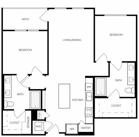 A black and white image of a house floor plan with a patio.