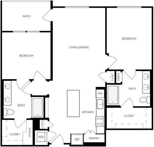 A black and white image of a house floor plan with a patio, two bedrooms, a living/dining area, a bath, a kitchen, a pantry, a closet, and a storage closet.