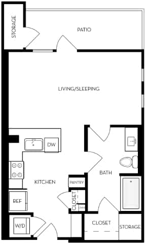 A black and white drawing of a house plan with a living room, kitchen, bathroom, and closet.