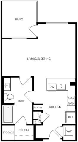 A floor plan of a home with a living/sleeping area, kitchen, bathroom, and storage.