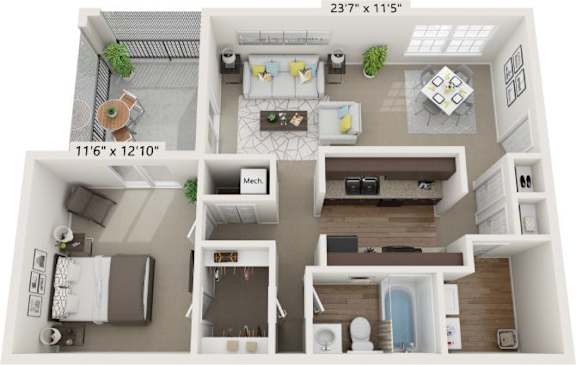 A floor plan of a small apartment with a kitchen, living room, and bathroom.