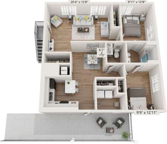 A 3D floor plan of a house with a living room, kitchen, and two bedrooms.