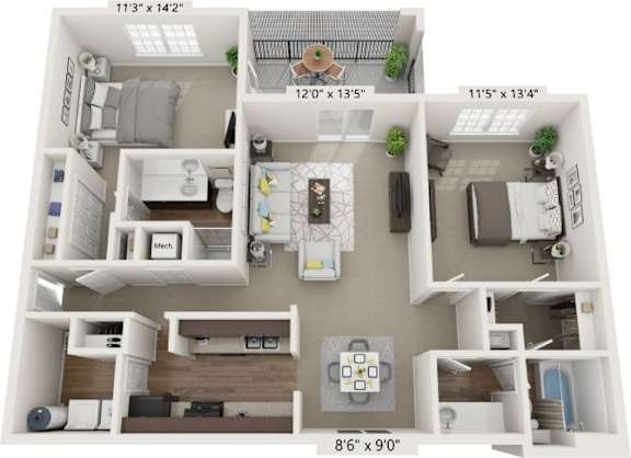 A floor plan of a two-bedroom apartment with a living room, kitchen, and bathroom.