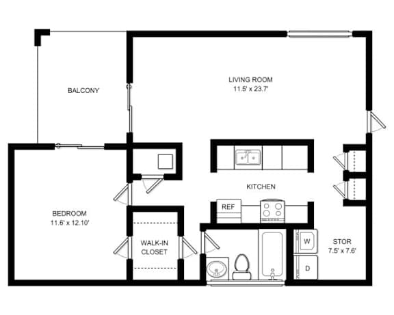 A black and white image of a floor plan for a small apartment.