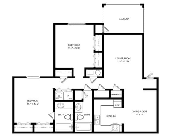 A black and white image of a floor plan for a house with a balcony, three bedrooms, a living room, a dining room, a kitchen, and a bathroom.