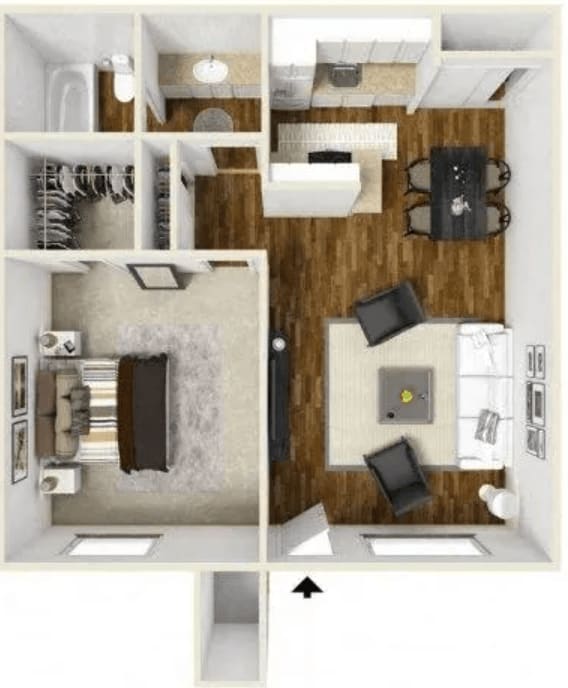 A floor plan of a house with a kitchen, living room, and bathroom.
