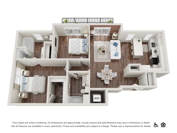 3D Floorplan Image of Madison 2 Bedroom Floorplan